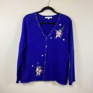Mercer Street Studio Blue Sequin Beaded Snowman Cardigan Sweater Womans Size XL